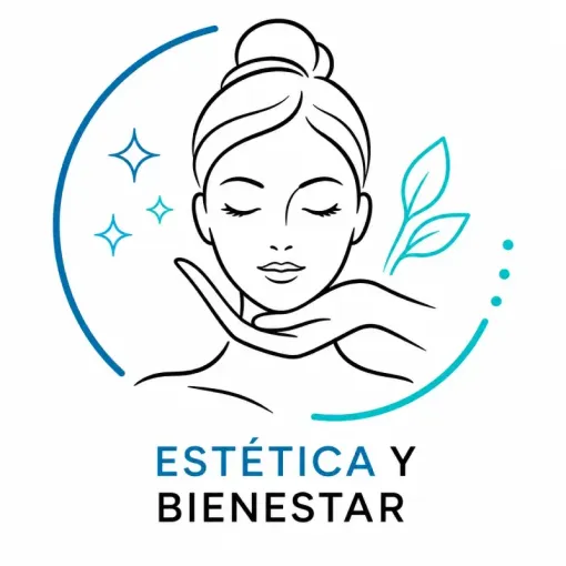 Logo de estética y bienestar con rostro en línea, mano de cuidado y detalles azules