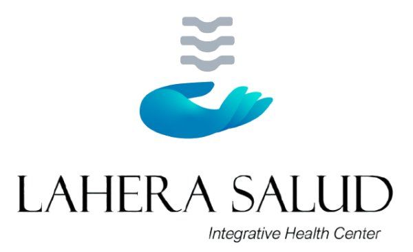 Logotipo del Centro de Salud Integral Laher a Salud con icono de mano azul y saludo