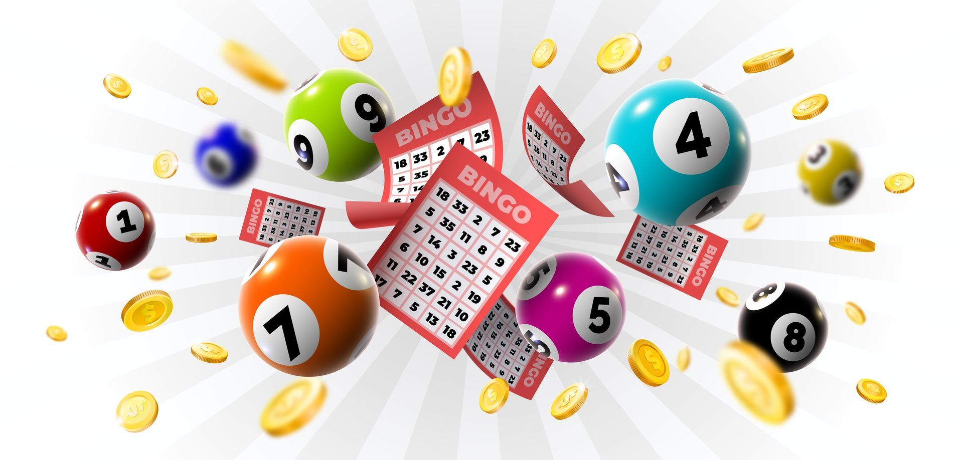 Des boules et des cartes de bingo colorées s'envolent autour d'un ticket de bingo.