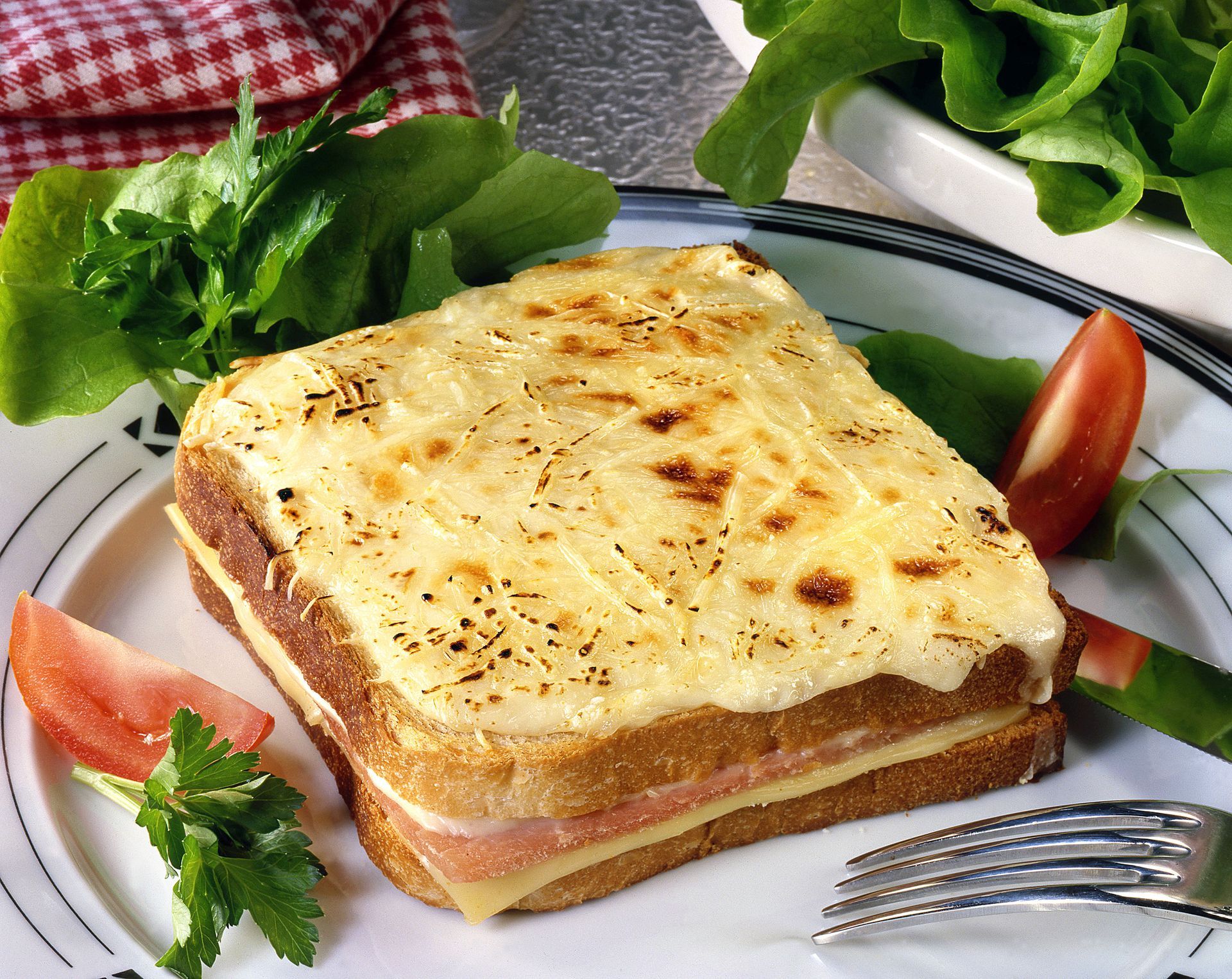 Croque-monsieur grillé au fromage fondu, servi sur une assiette avec de la laitue et des quartiers de tomate.
