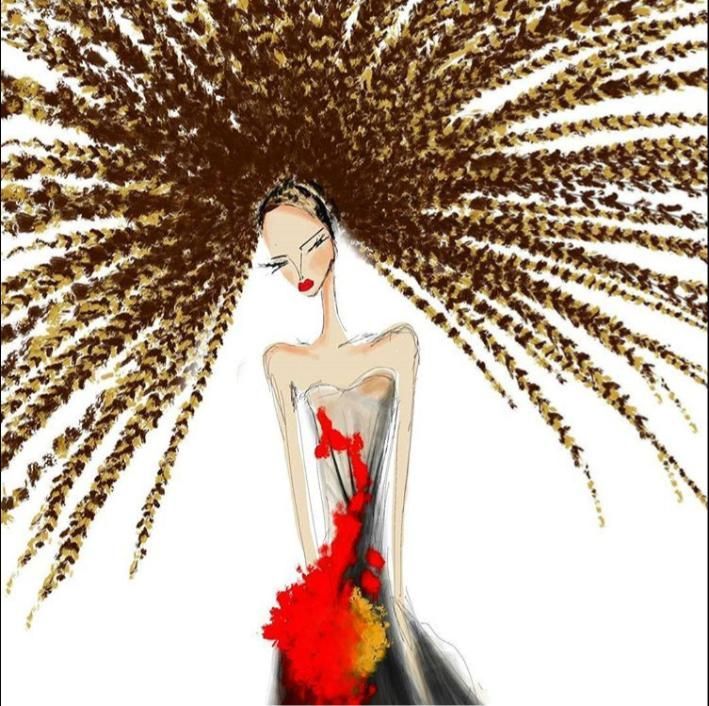 Ilustración de moda de una figura con cabello castaño dramático y estilizado y un vestido sin tirantes.