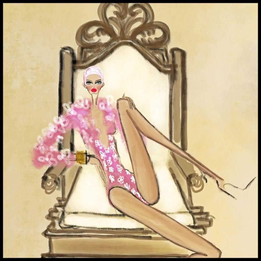 Mujer vestida de rosa reclinada en una silla adornada, sosteniendo una bebida.