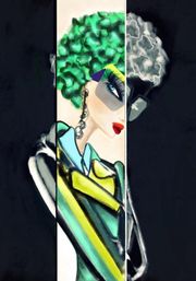 Ilustración de moda de mujer con cabello y chaqueta verde vibrante; mitad iluminada, mitad delineada.