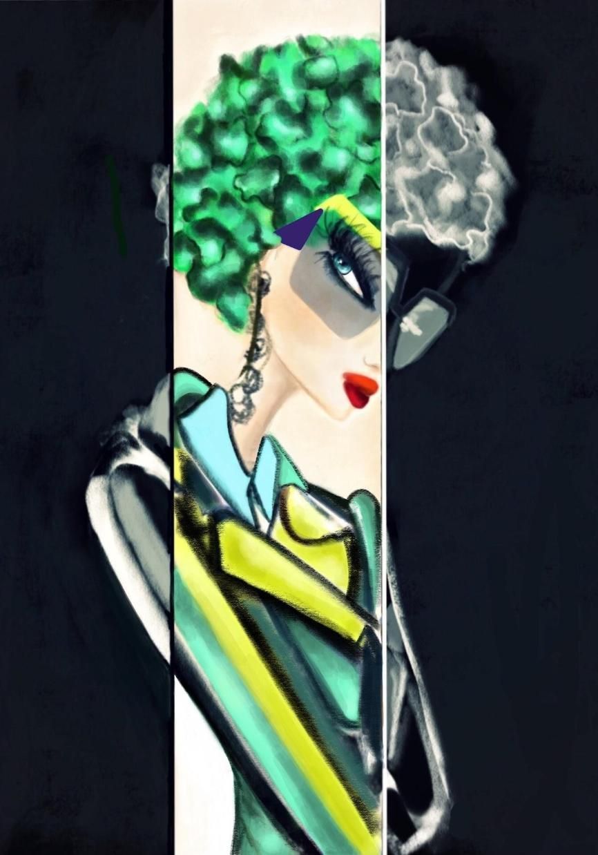 Ilustraci&oacute;n de moda de mujer con cabello y chaqueta verde vibrante; mitad iluminada, mitad delineada.