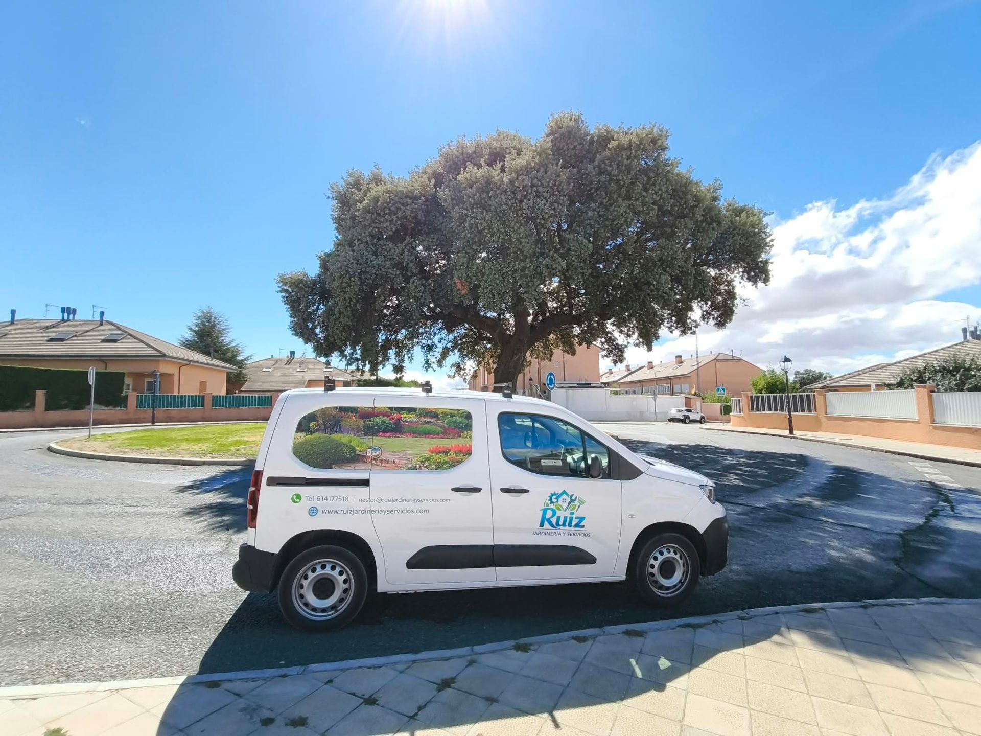 Furgoneta blanca de servicio en una calle residencial mojada, bajo un árbol grande, en un día soleado