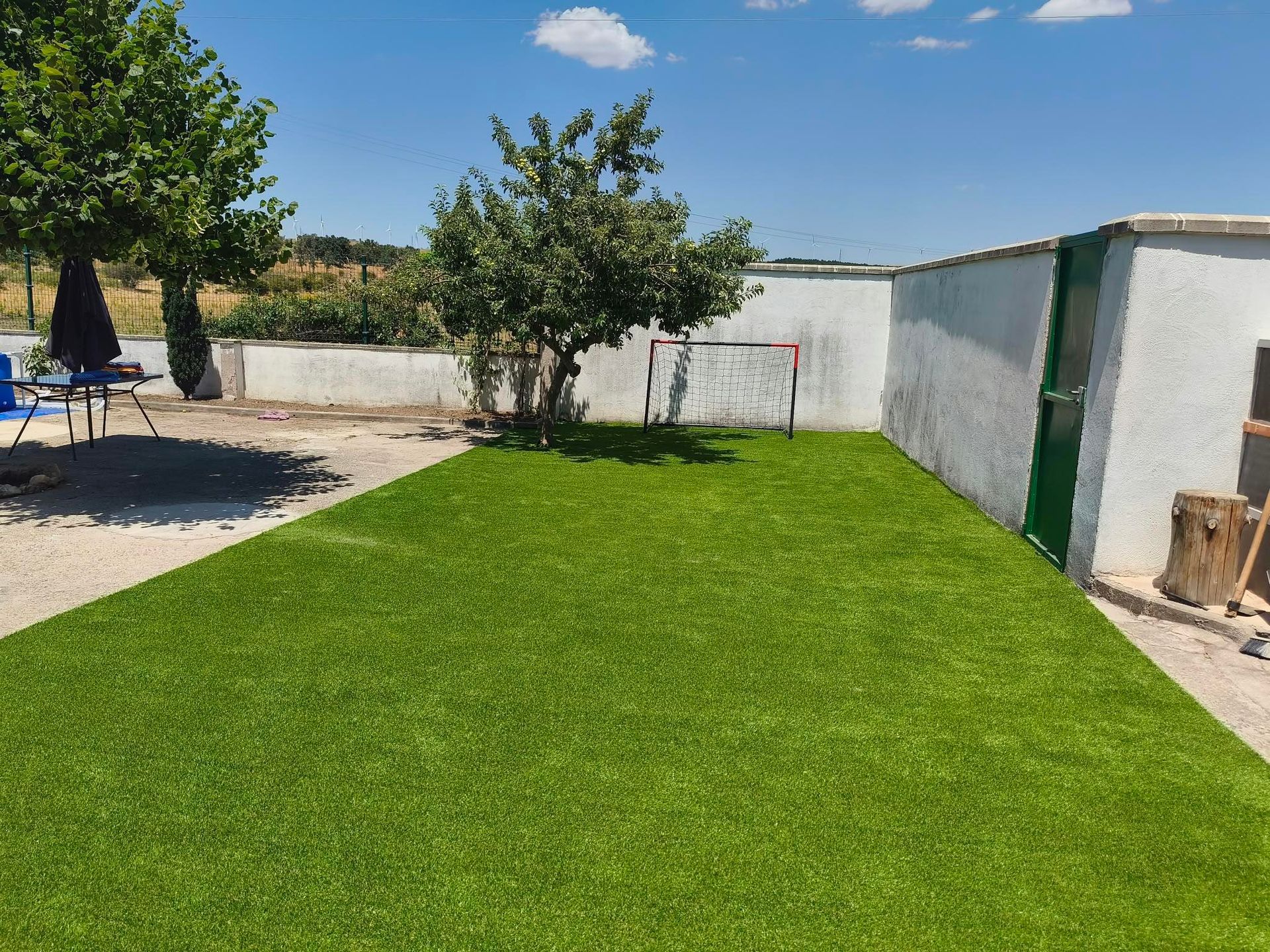 Pequeño patio trasero con césped verde brillante, paredes blancas, un árbol y una puerta verde a la derecha.