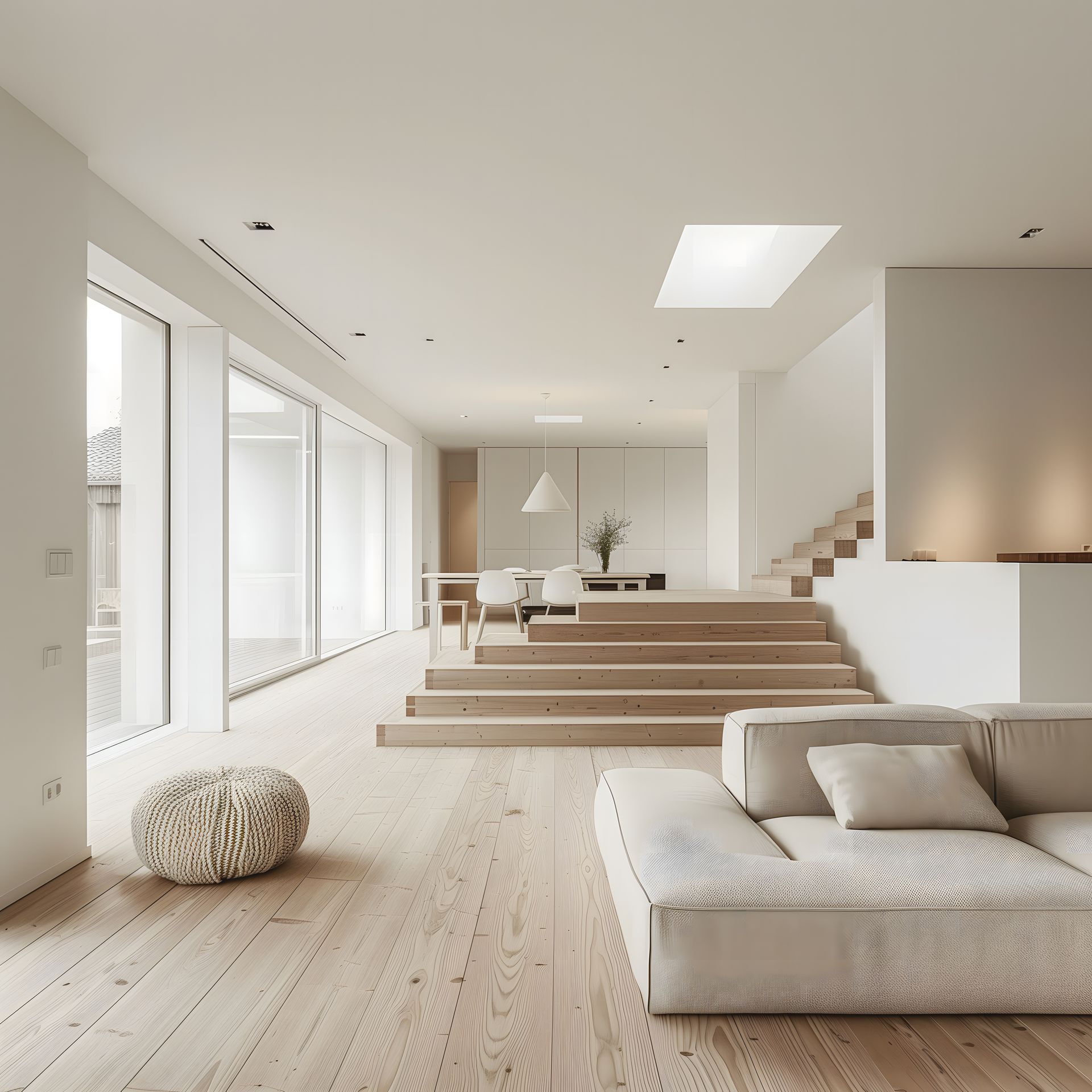Salon lumineux avec un escalier, des grandes fenêtres et un canapé.