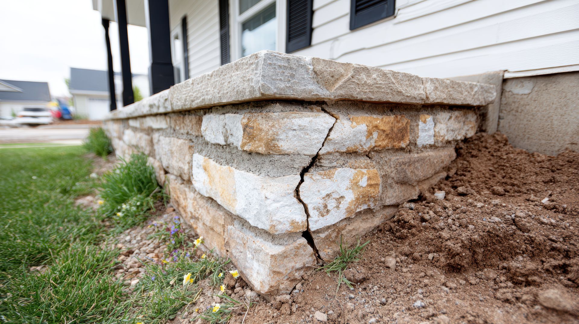 Mur de soutènement en pierre fissurée à côté d'une maison