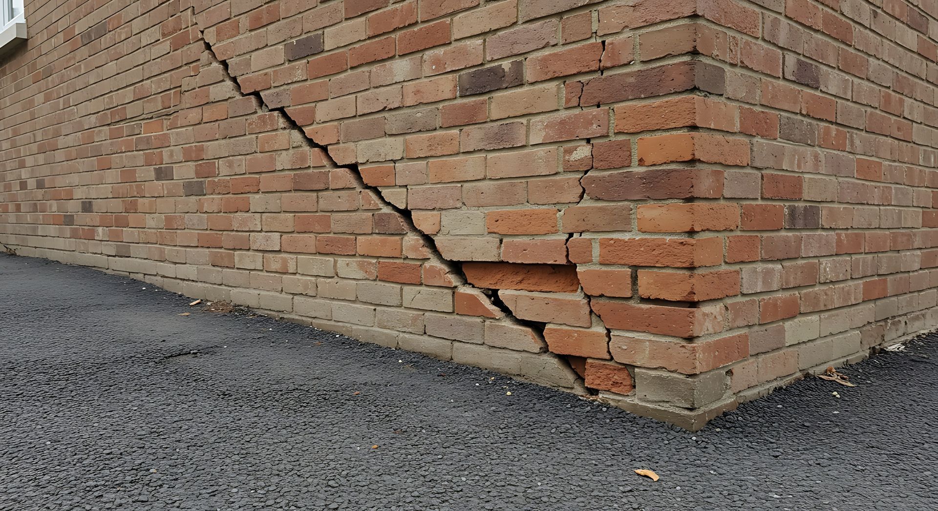 Angle d'un mur de briques fissuré présentant une large fissure en diagonale.