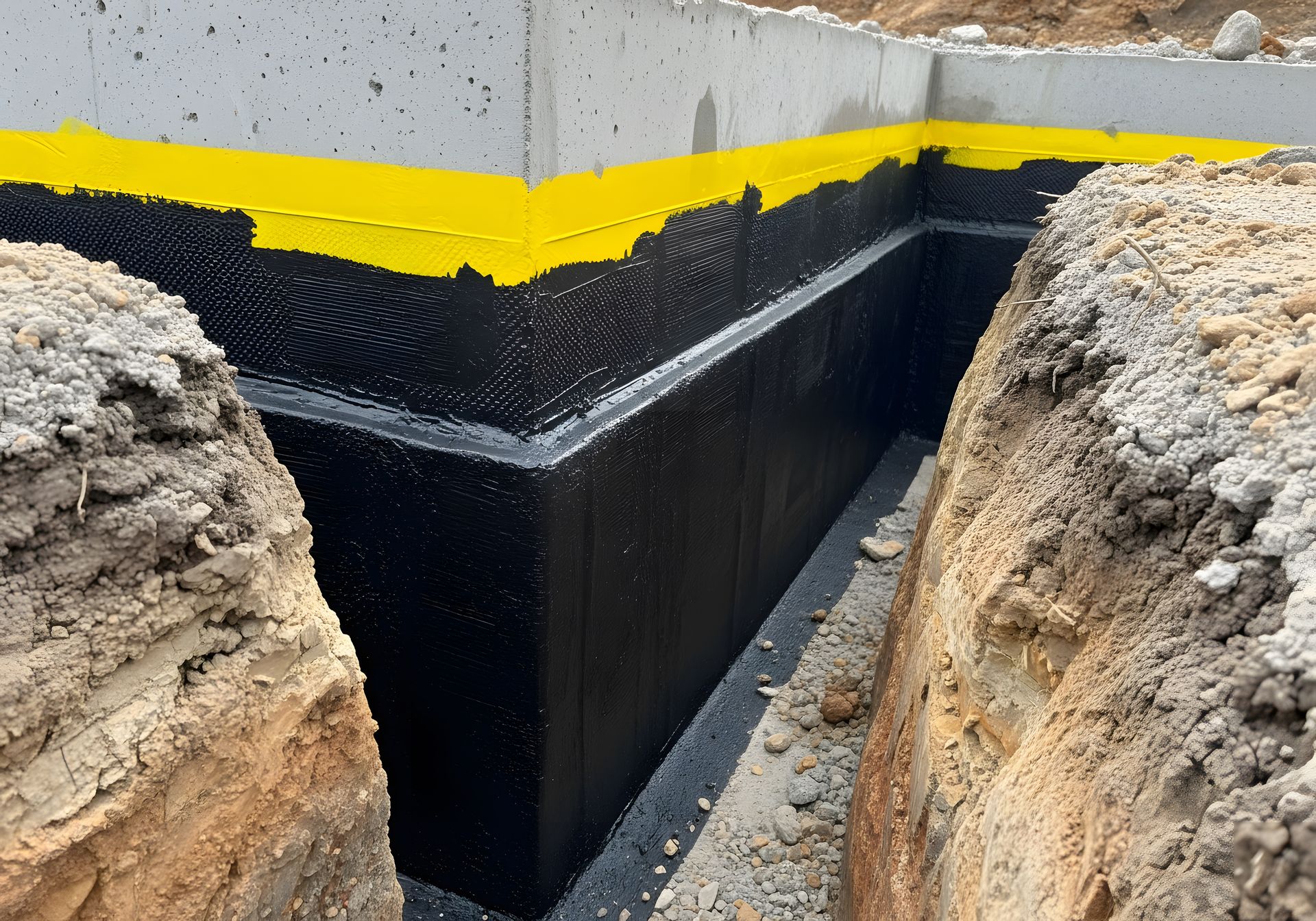 Étanchéité des murs de fondation avec revêtement noir.