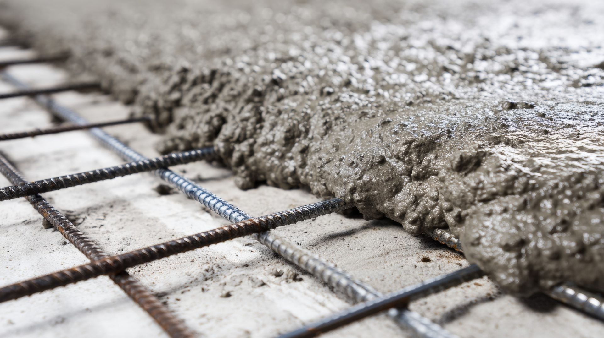 Du béton frais coulé sur une armature en acier, formant une dalle de fondation.