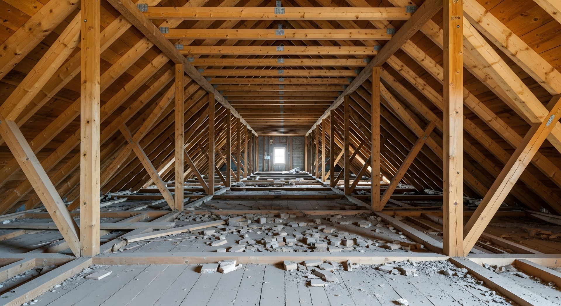 Intérieur d'un grenier inachevé, avec charpente apparente et débris au sol.