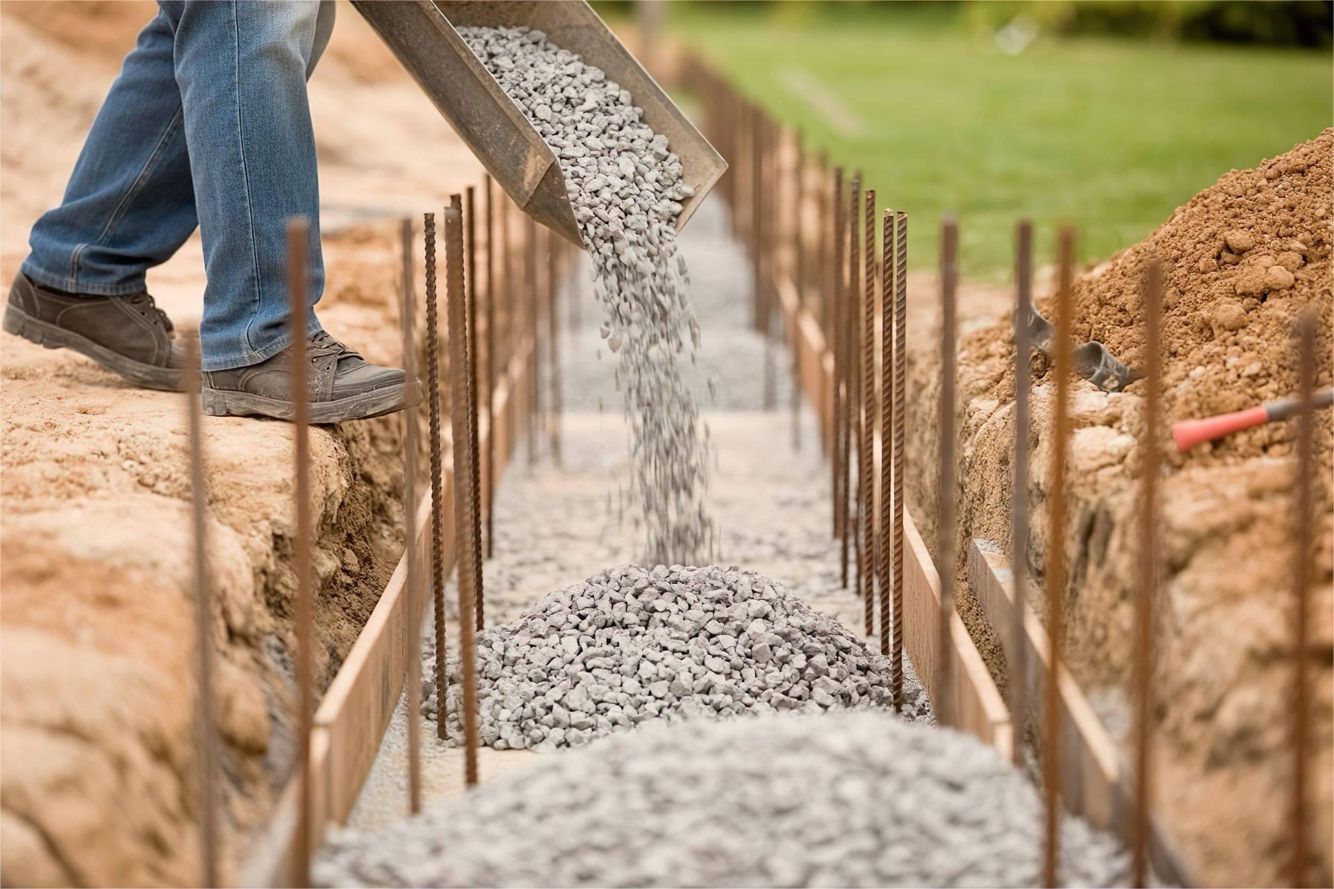 Du béton est coulé dans une tranchée 