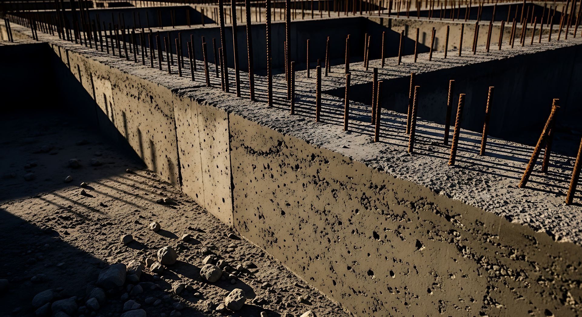 Des fondations en béton avec des barres d'armature qui dépassent