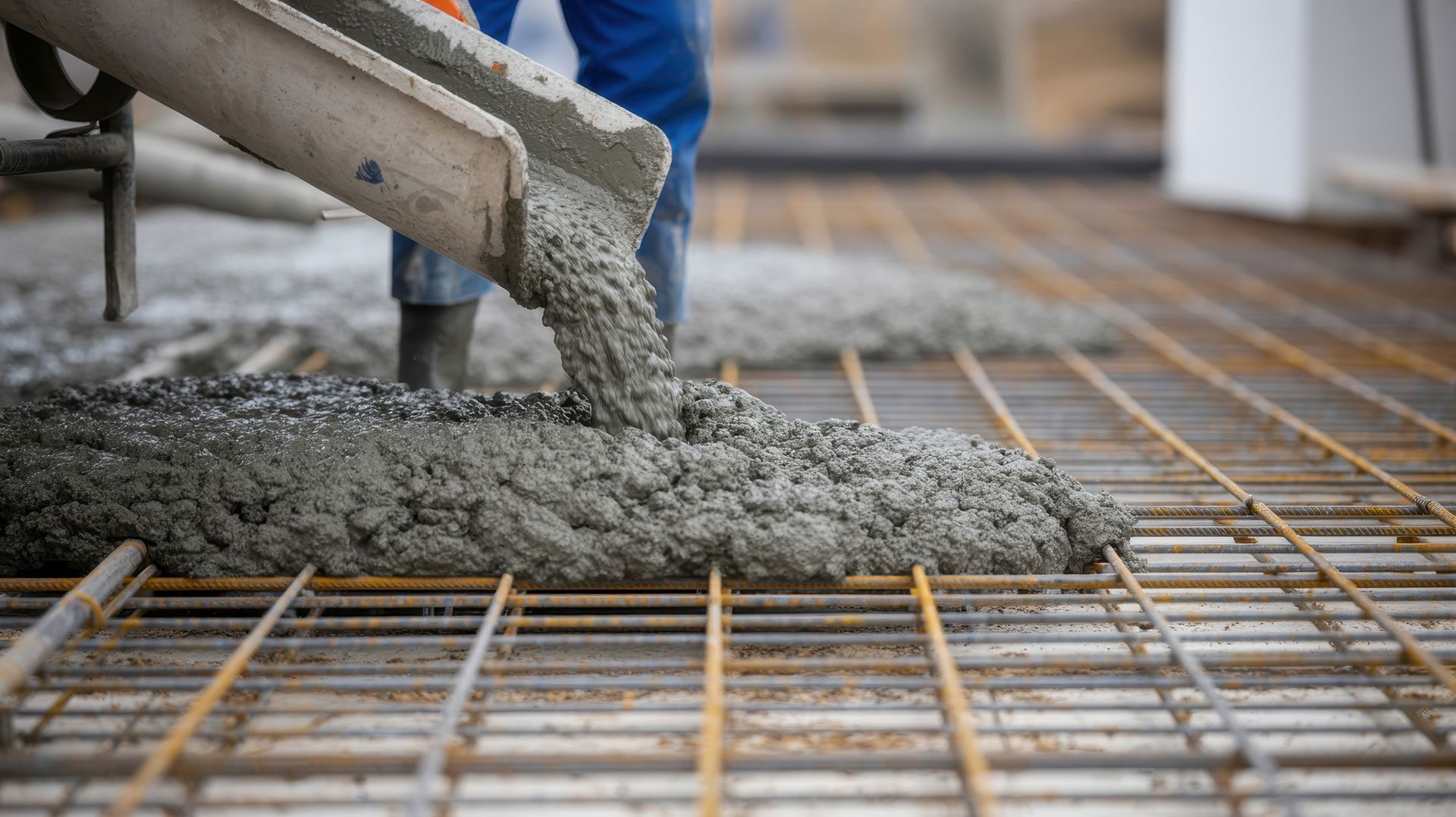 Du béton frais est coulé sur une armature en acier.