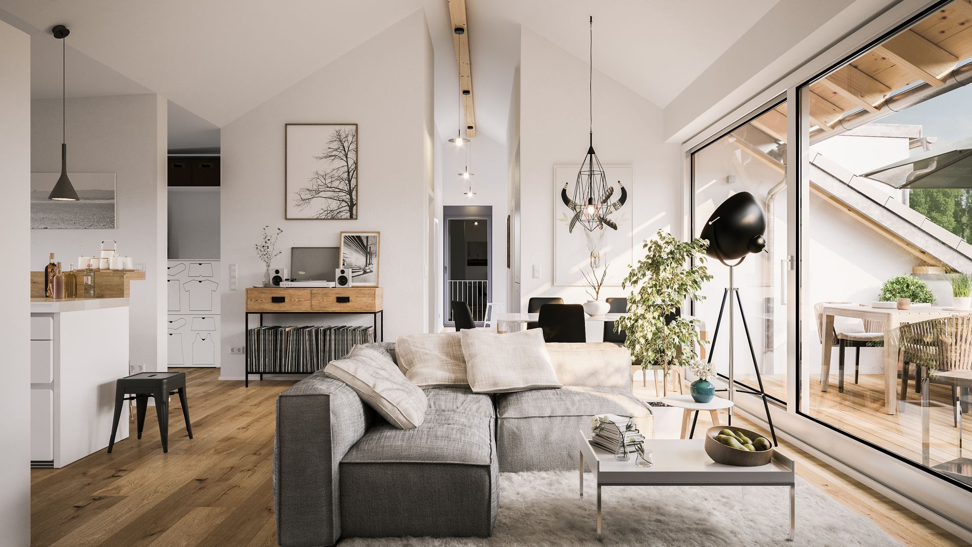 Salon moderne avec un canapé d'angle gris, des plantes et des grandes portes coulissantes.