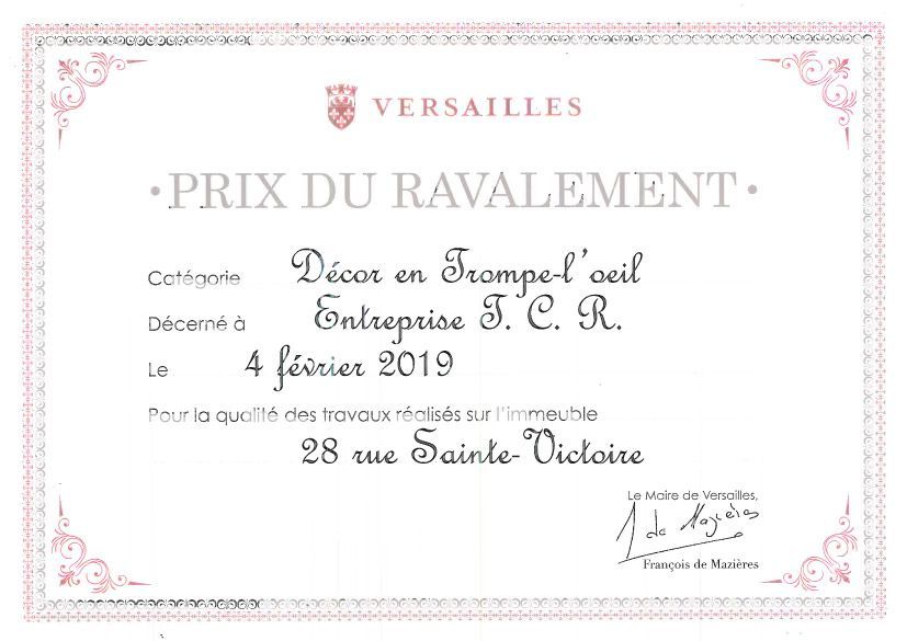 Certificat Prix du Ravalement de Versailles