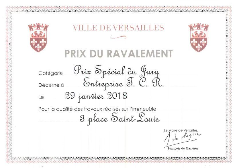 Certificat de la Ville de Versailles honorant la rénovation du bâtiment historique, daté du 29 janvier 2018.