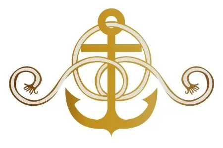 Emblema náutico dorado con ancla, cuerda circular y espirales decorativas sobre fondo blanco.