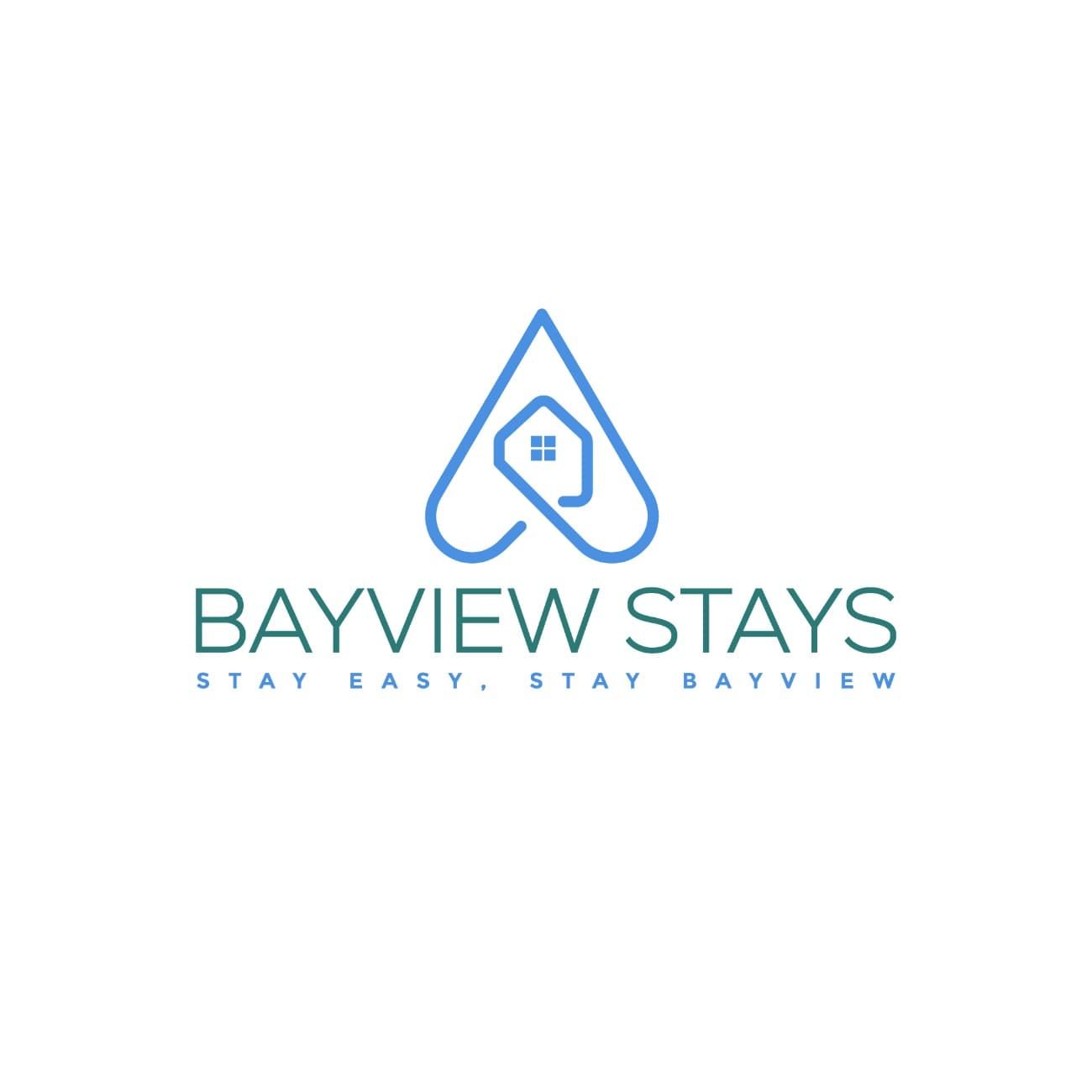 Logo for Bayview Stays: blue teardrop shape with a house outline inside; text reads "Bayview Stays."