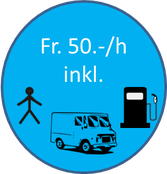 Ein blauer Kreis mit einem Lieferwagen und einem Strichmännchen darin.