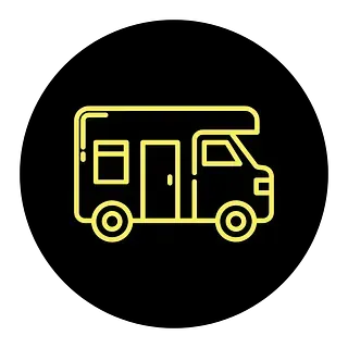 Un dibujo lineal amarillo de un RV en un círculo negro.
