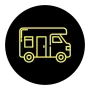Un dibujo lineal amarillo de un RV en un círculo negro.