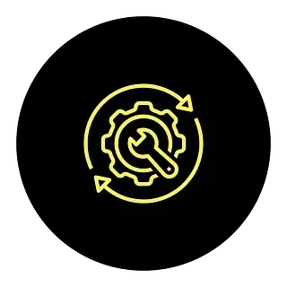 Un icono amarillo de una llave inglesa y engranajes en un círculo sobre un fondo negro.