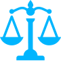 Una escala de justicia azul sobre un fondo blanco.