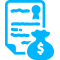 Un icono azul de un documento y una bolsa de dinero.