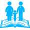 Un icono azul de una familia parada encima de un libro abierto.