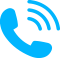 Un icono de teléfono azul con ondas que salen de él sobre un fondo blanco.