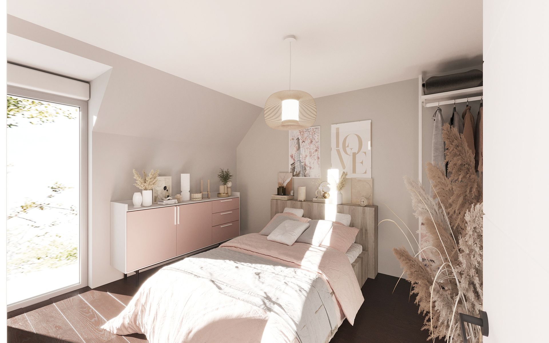 Petite chambre lumineuse avec une fenêtre et une déco rose pâle