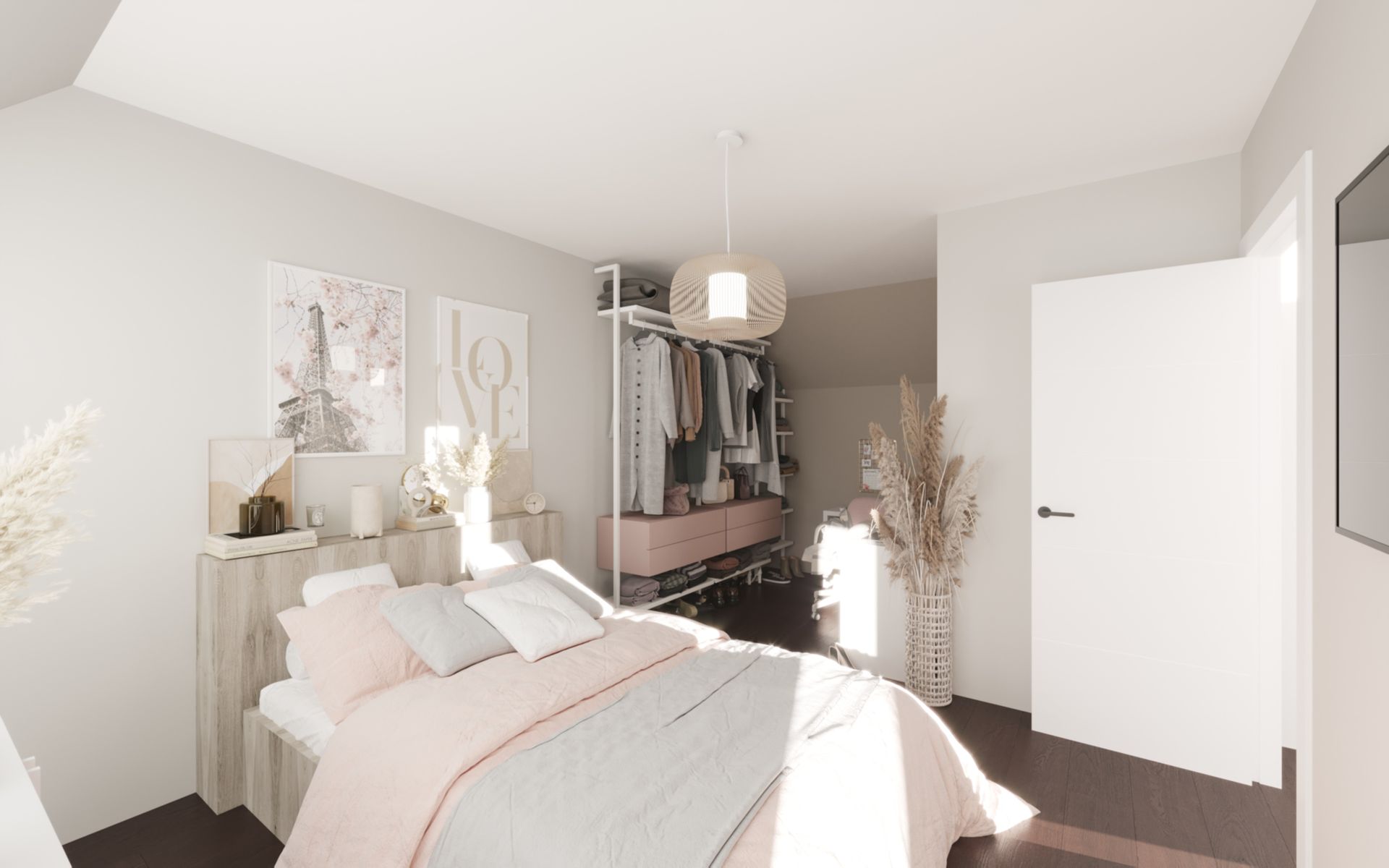 Chambre douce avec un lit double et une déco florale