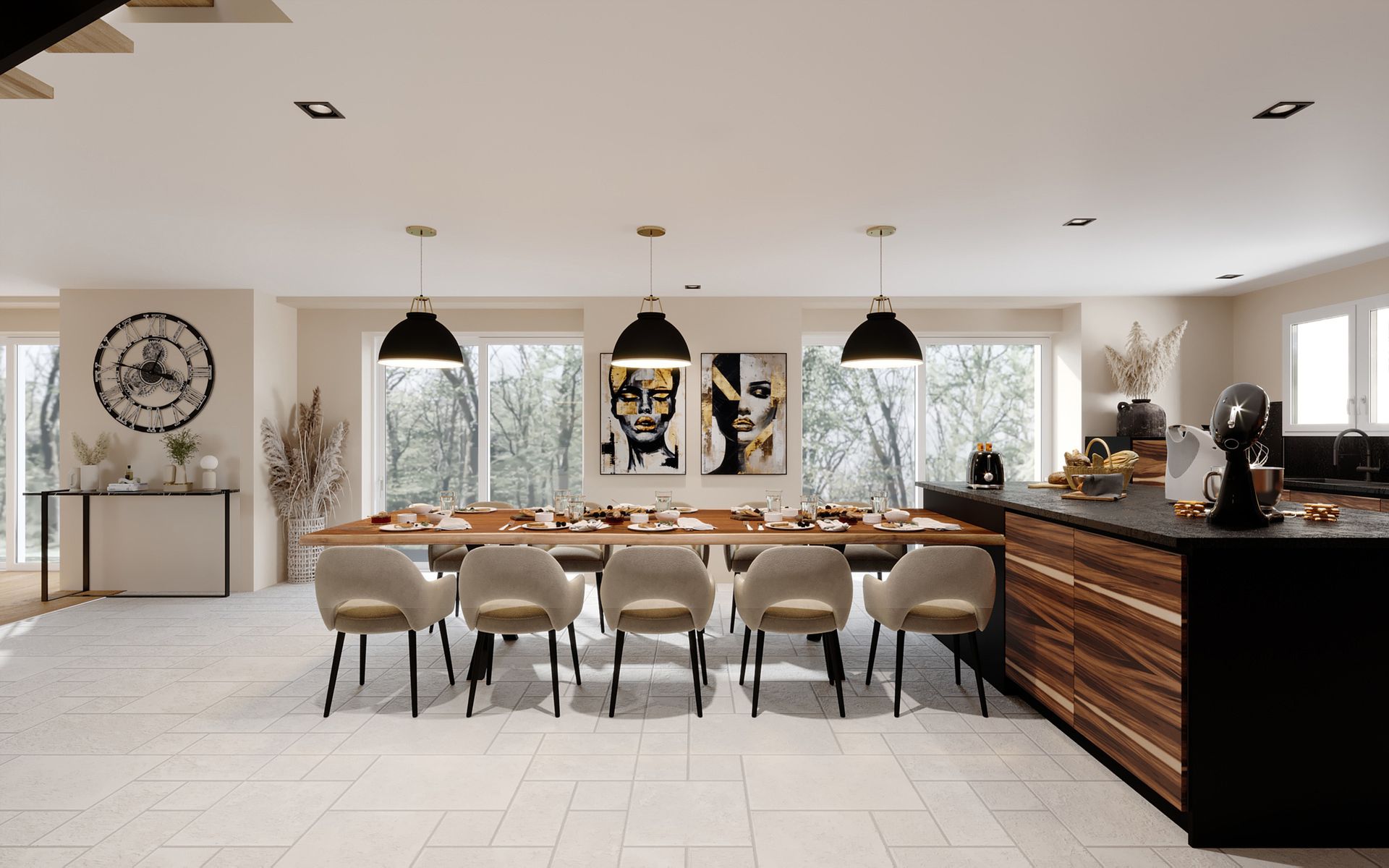 Salle à manger élégante avec des suspensions noires