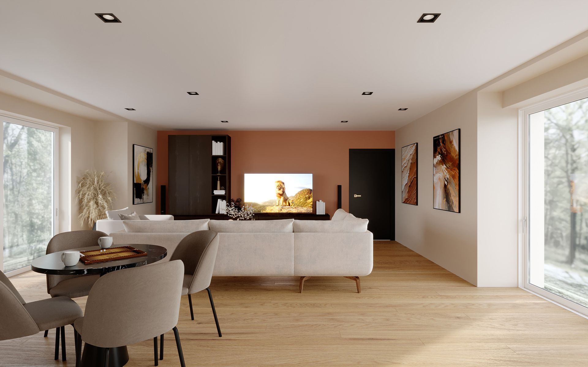 Séjour ouvert avec une table à manger