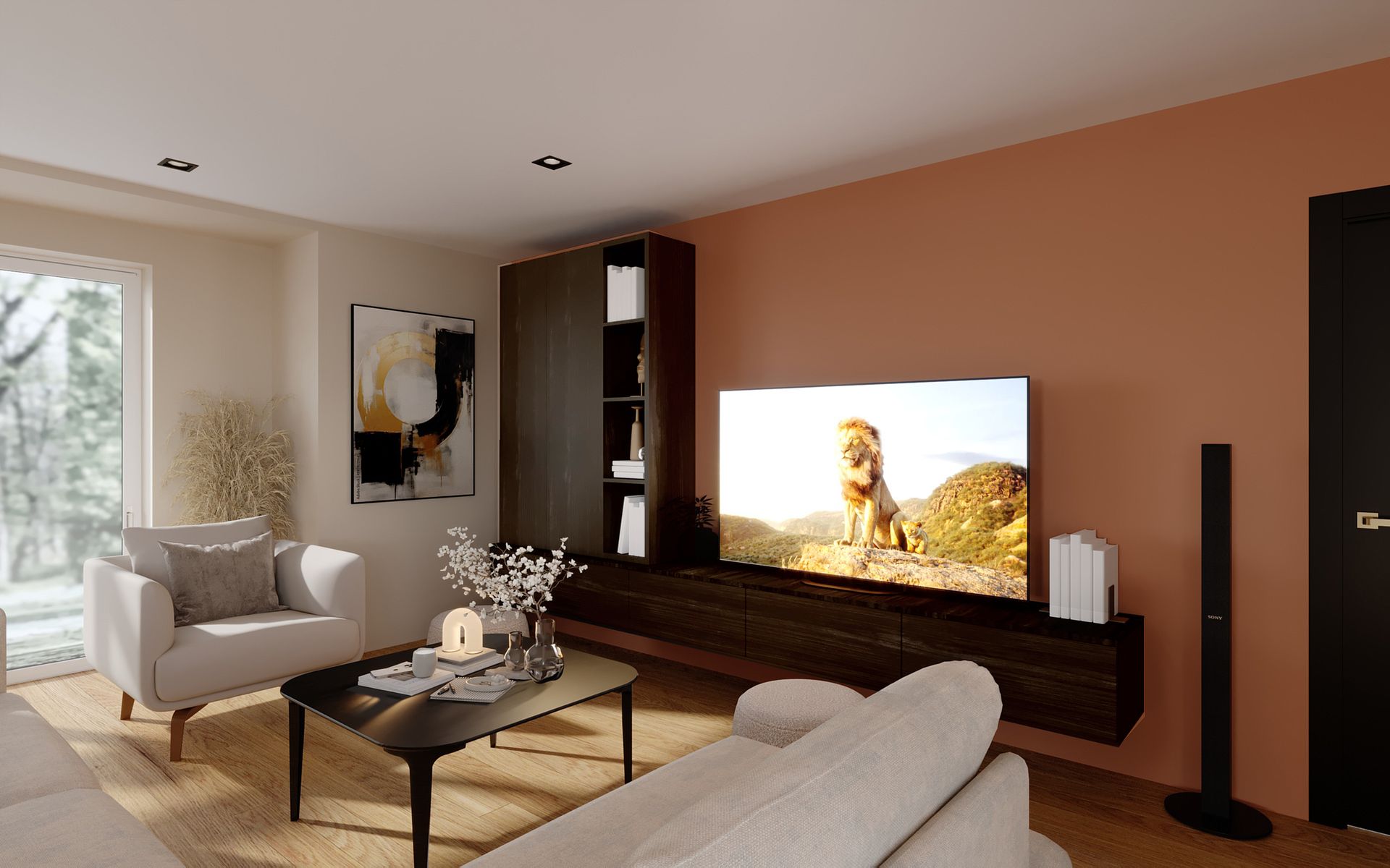 Salon TV contemporain avec mur coloré