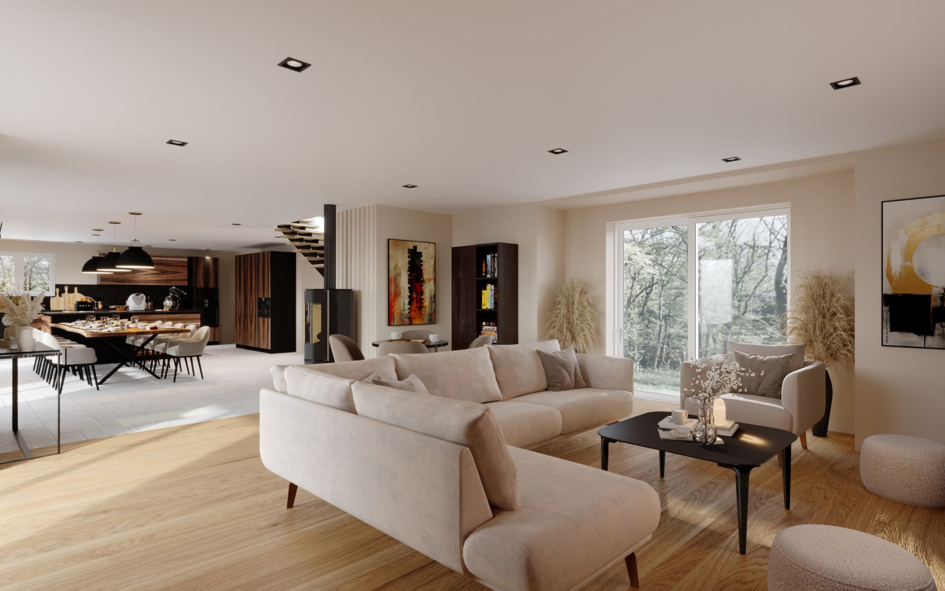 Salon vaste avec un coin piano et une lumière naturelle