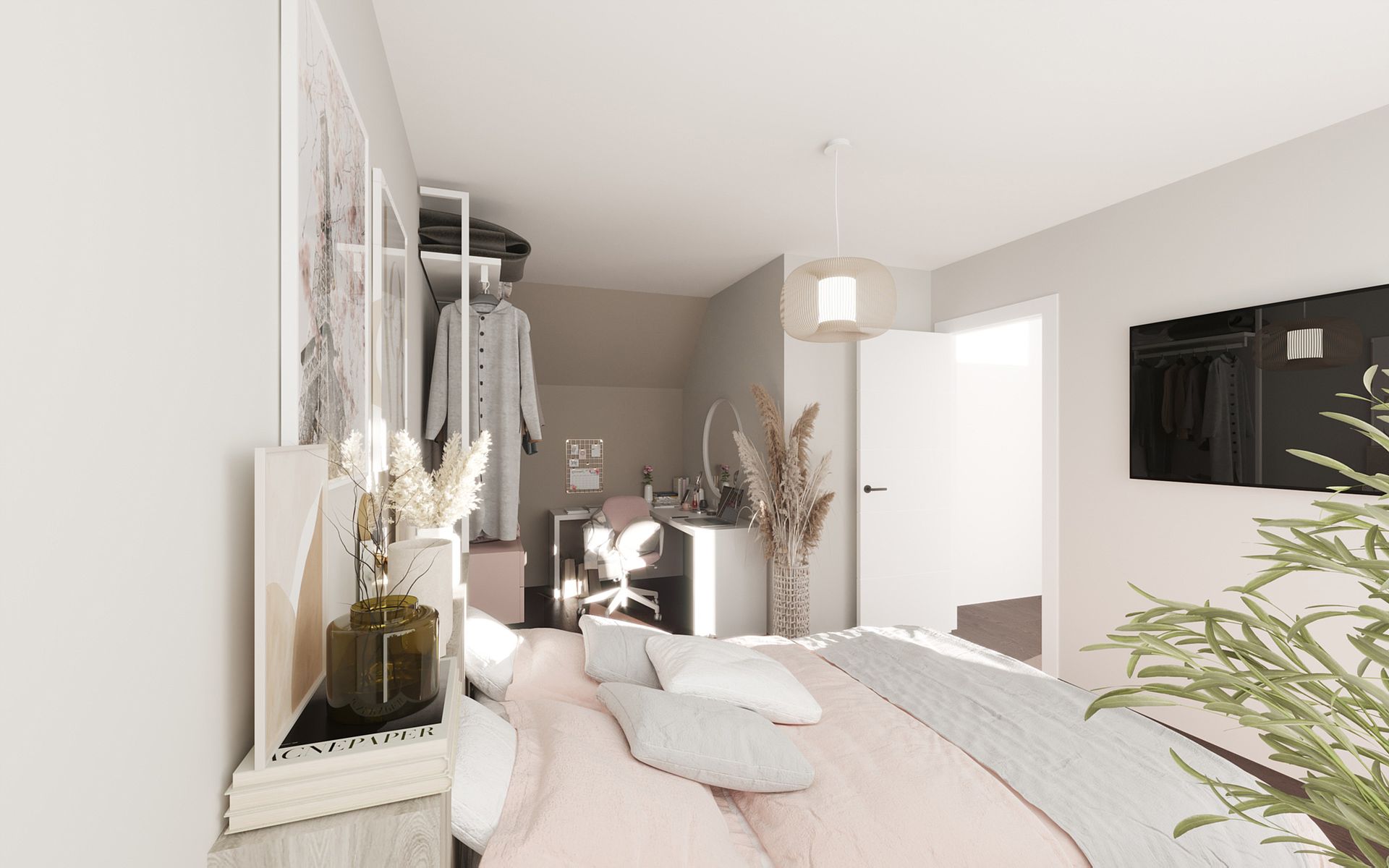Chambre cosy décorée en blanc et rose pâle