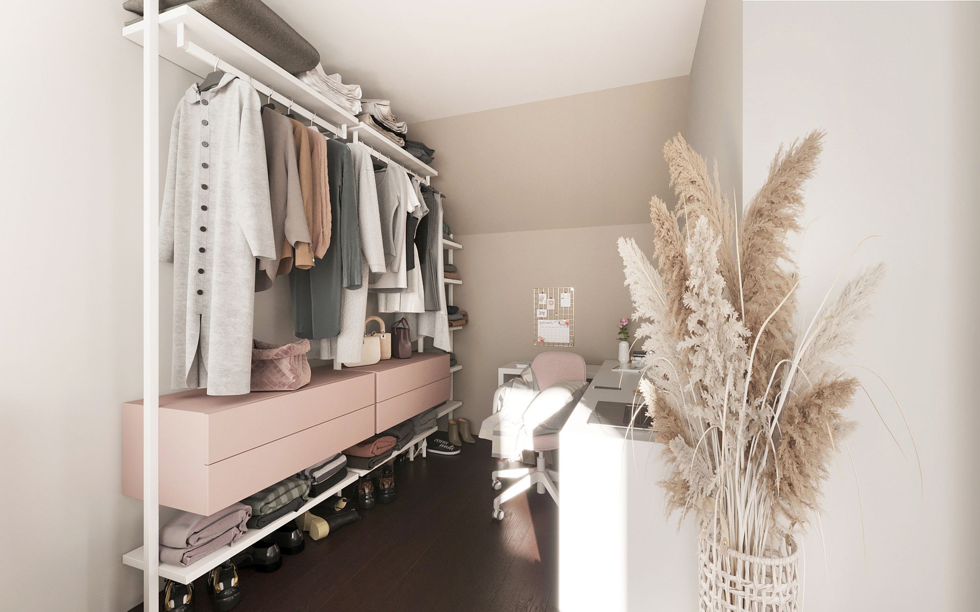 Petit dressing dans une chambre mansardée avec portants ouverts pour vêtements