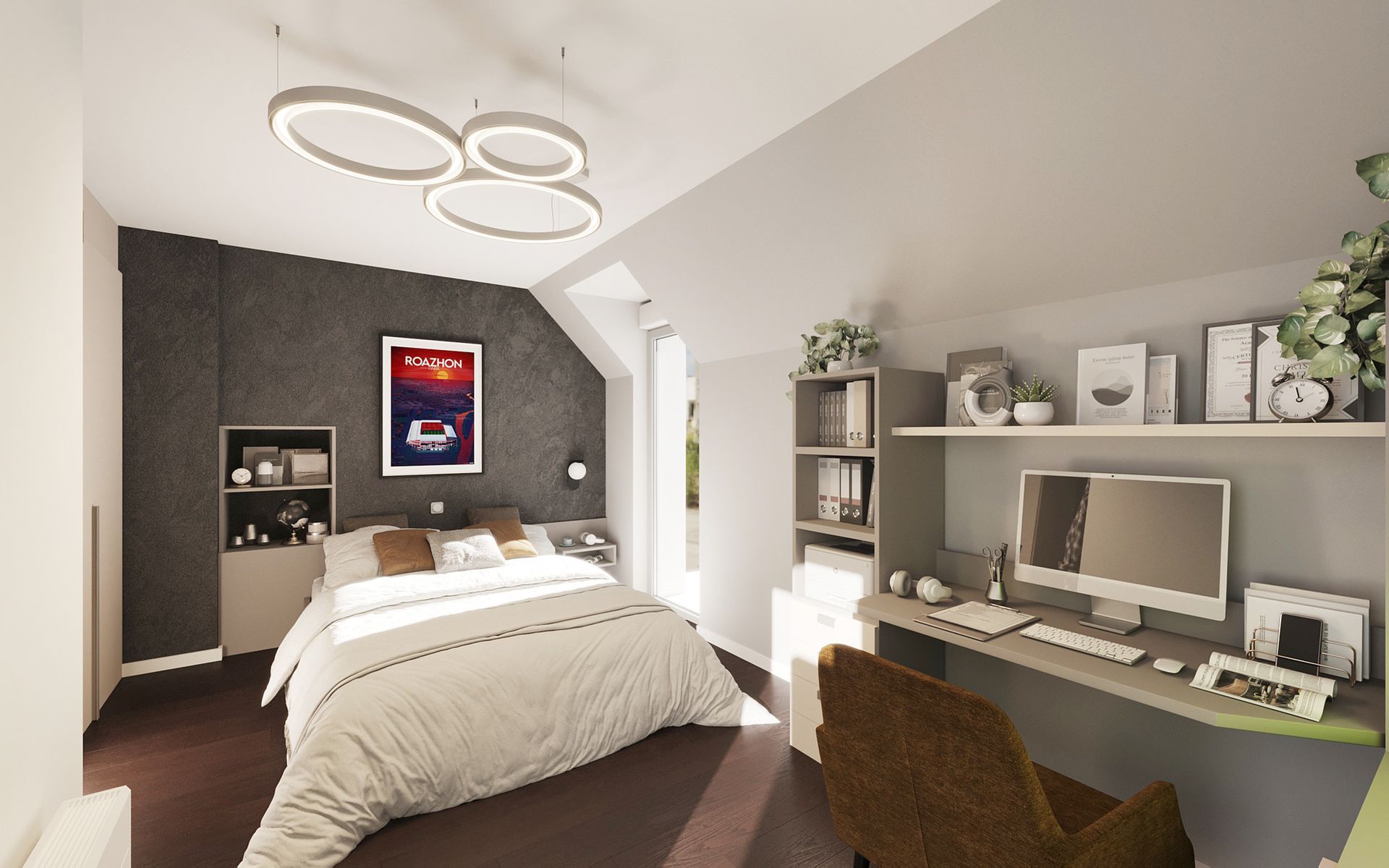 Chambre lumineuse avec coin multimédia