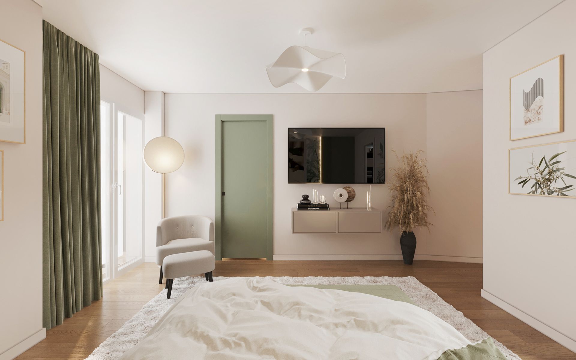 Chambre claire avec rideaux verts et suspension ronde