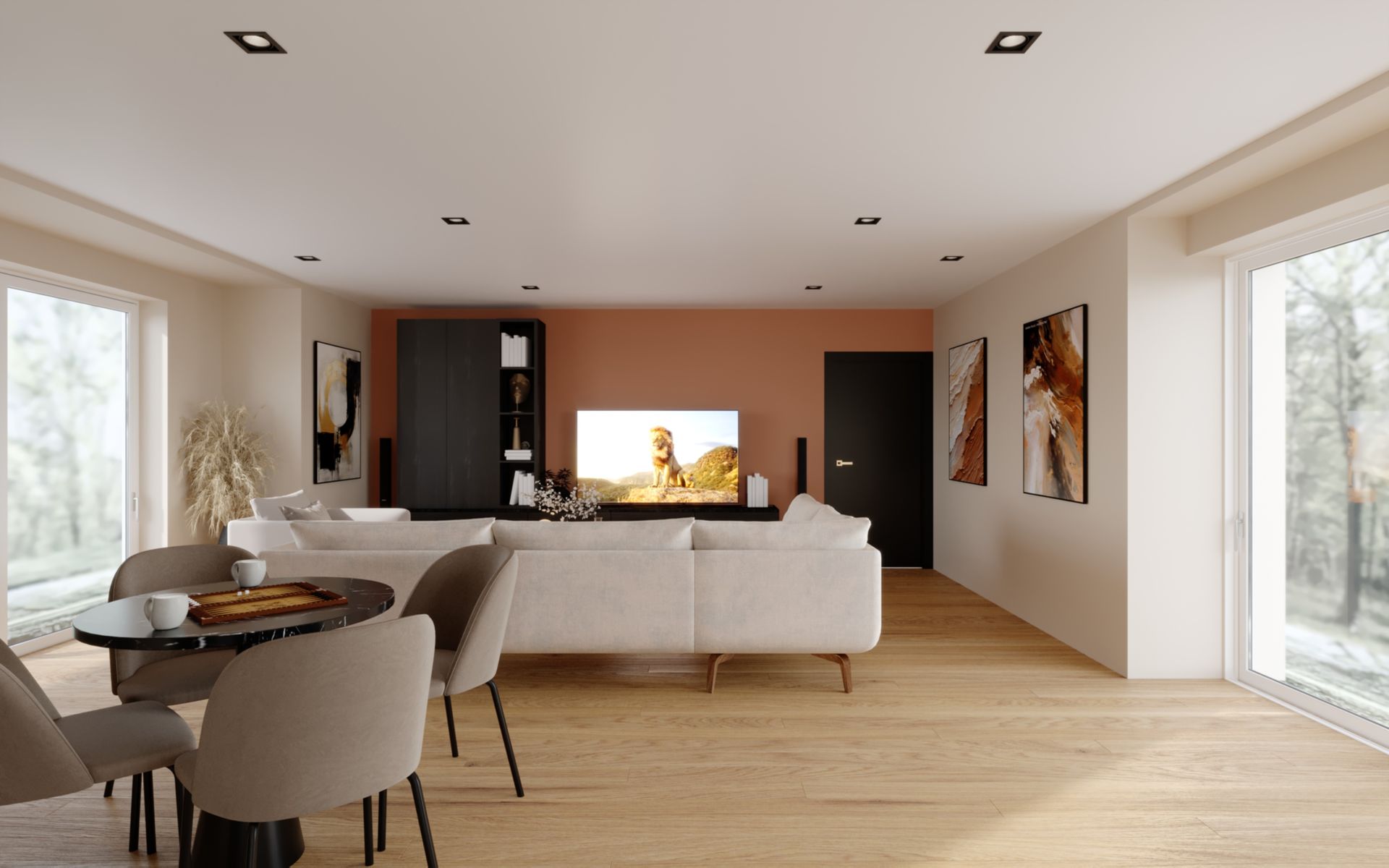 Salle à manger contemporaine avec cuisine ouverte