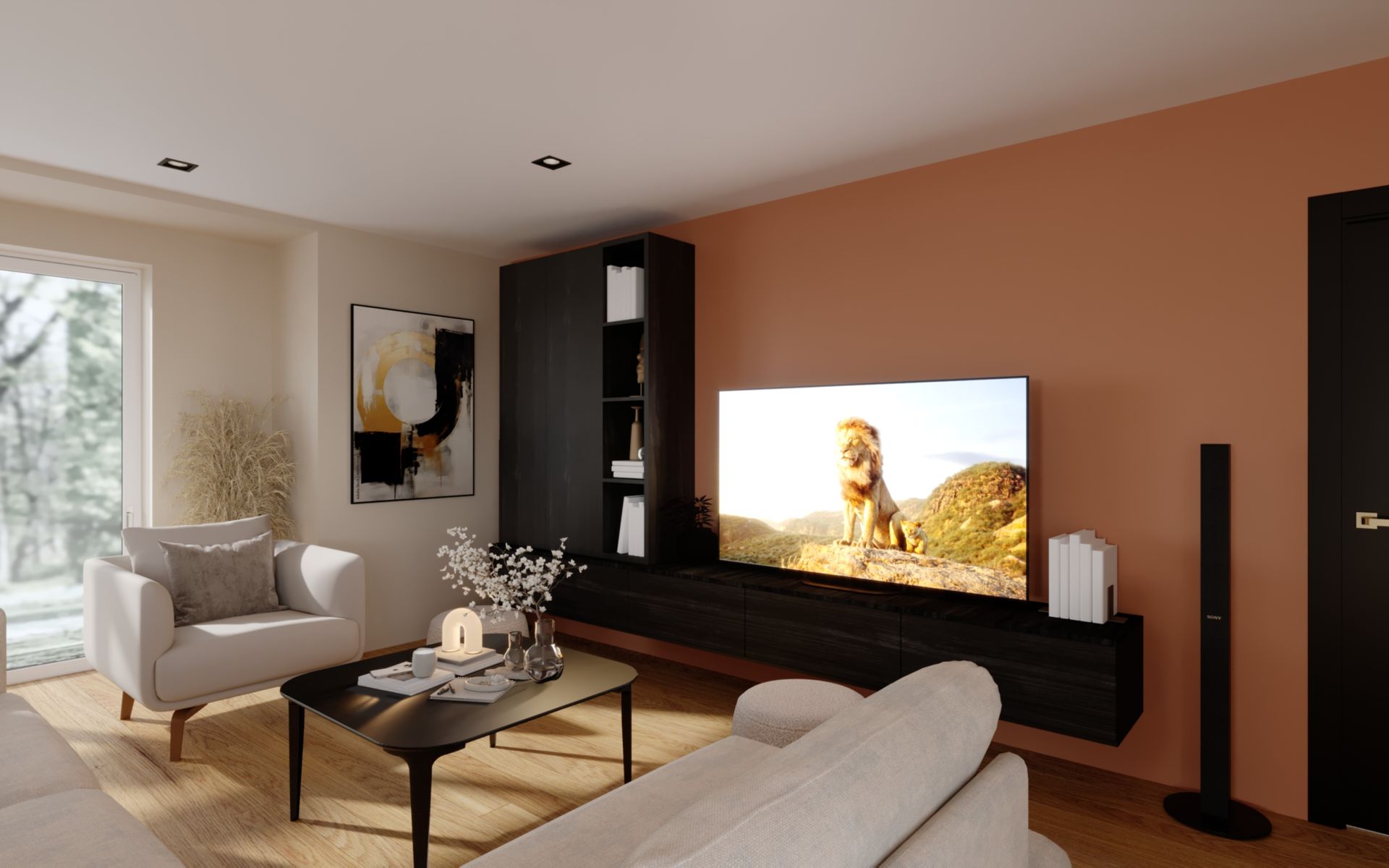 Salon élégant avec mur TV noir