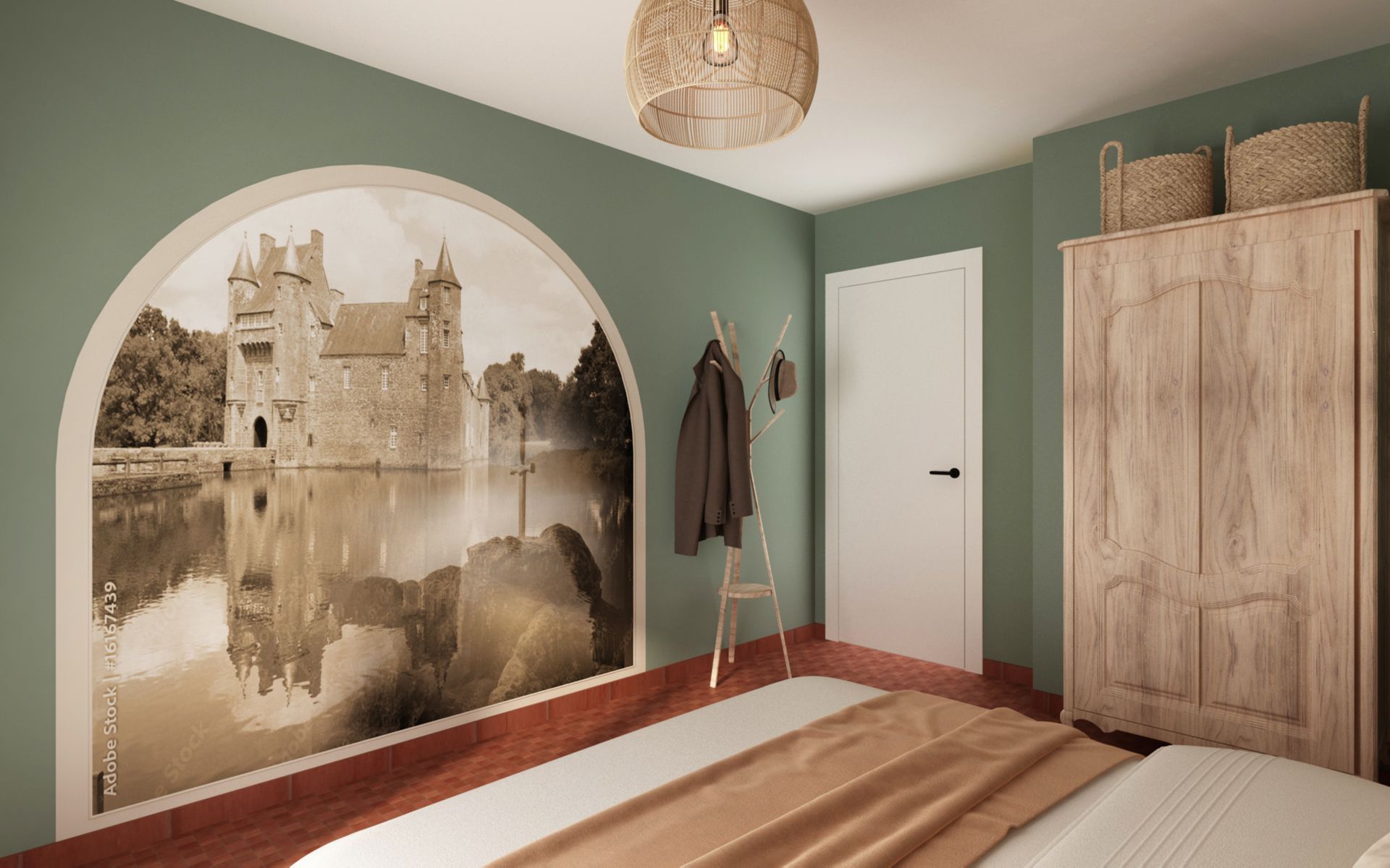 Grande chambre spacieuse avec un lit double et vue sur la porte