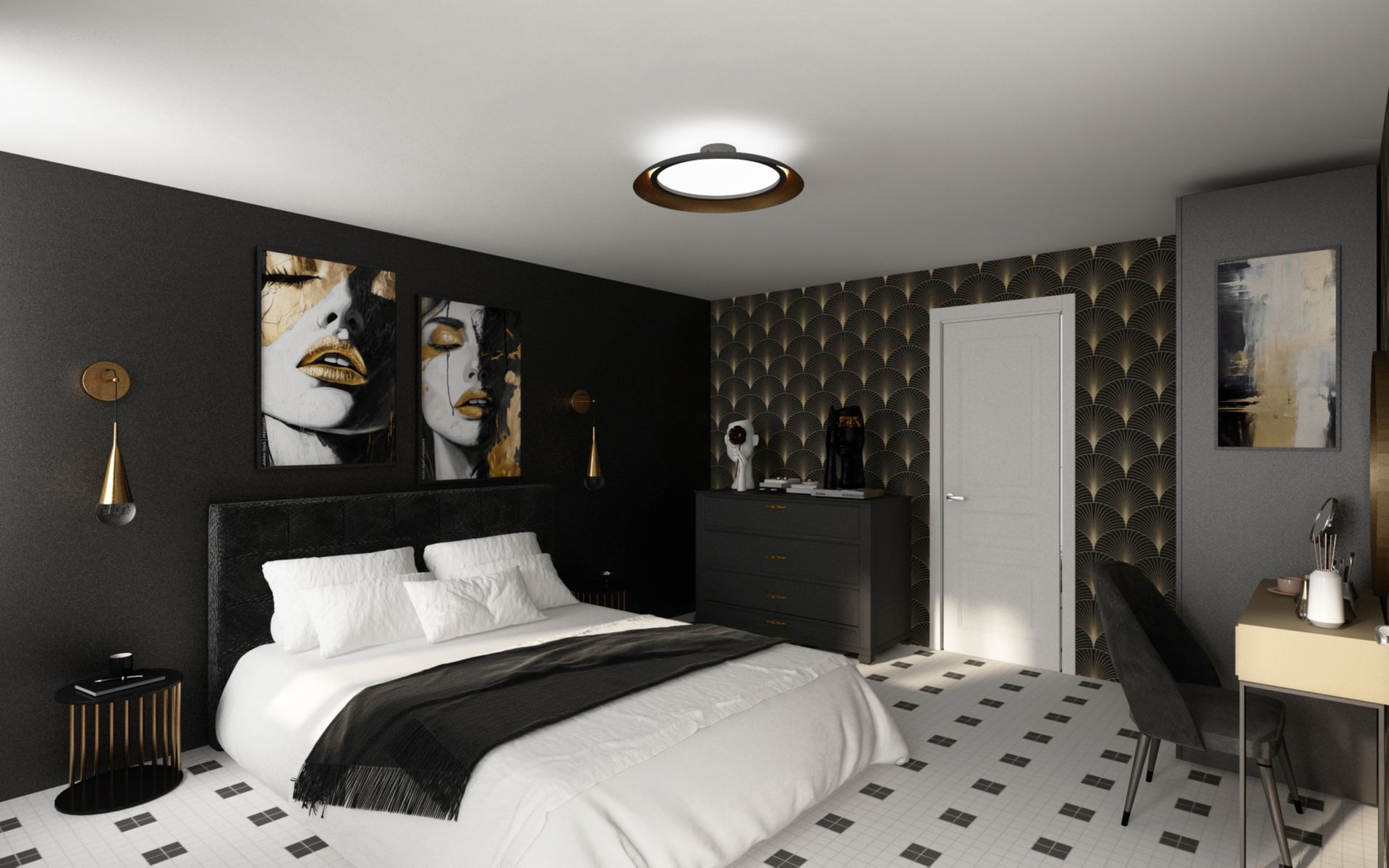 Chambre avec un lit double et des couleurs noires et blanches