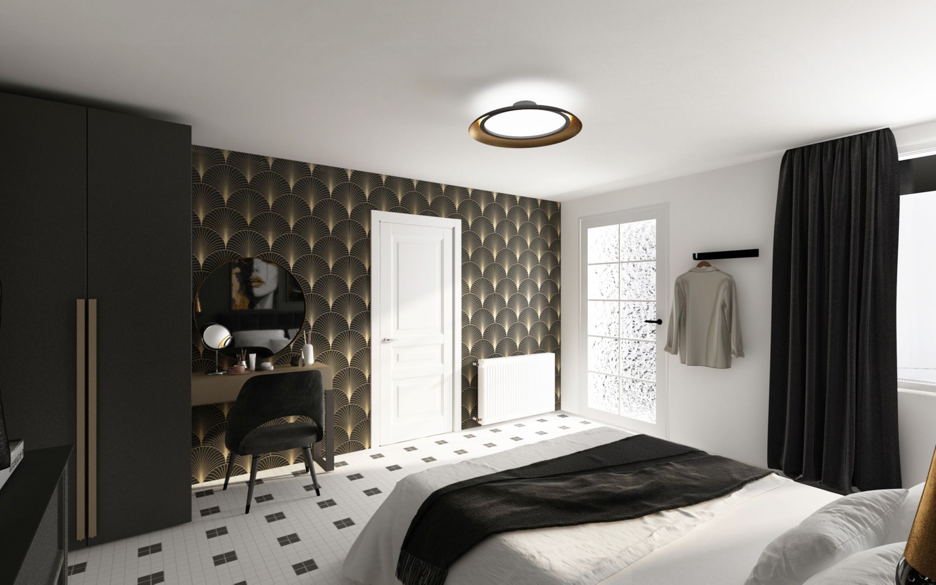 Chambre avec un lit double et des couleurs noires et blanches, vue du lit