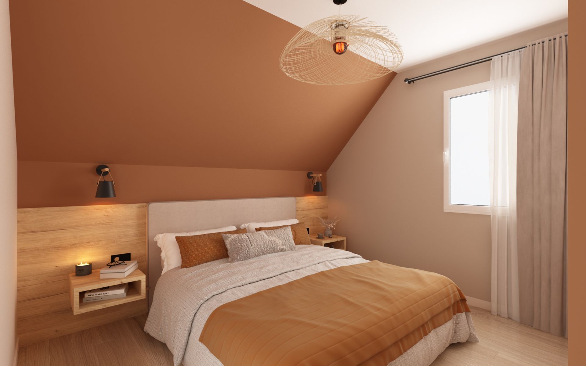 Une chambre avec un lit double, une table de chevet et une lampe de lecture