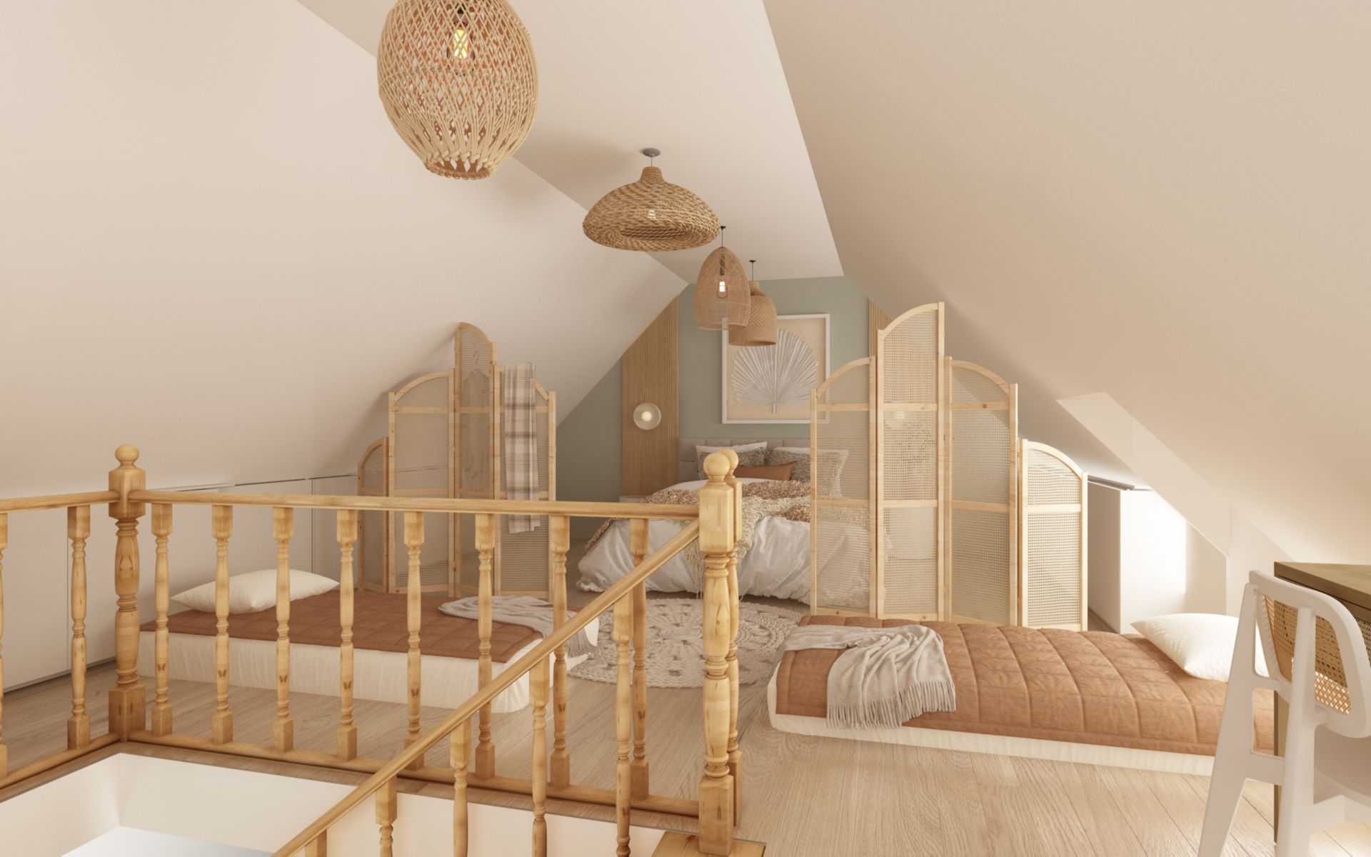 Chambre sous les combles avec des tons pastel