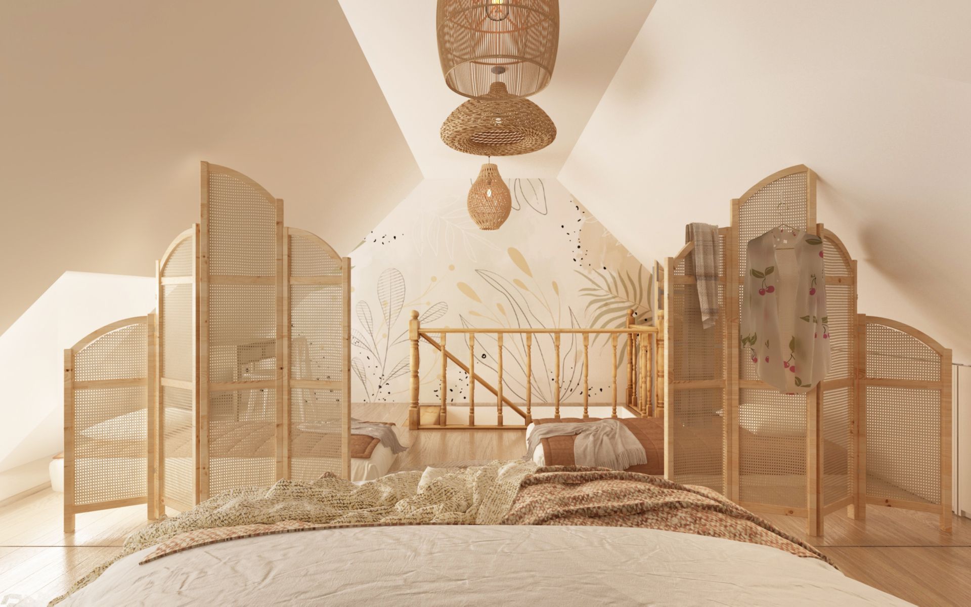 Vue du lit dans une chambre sous les combles